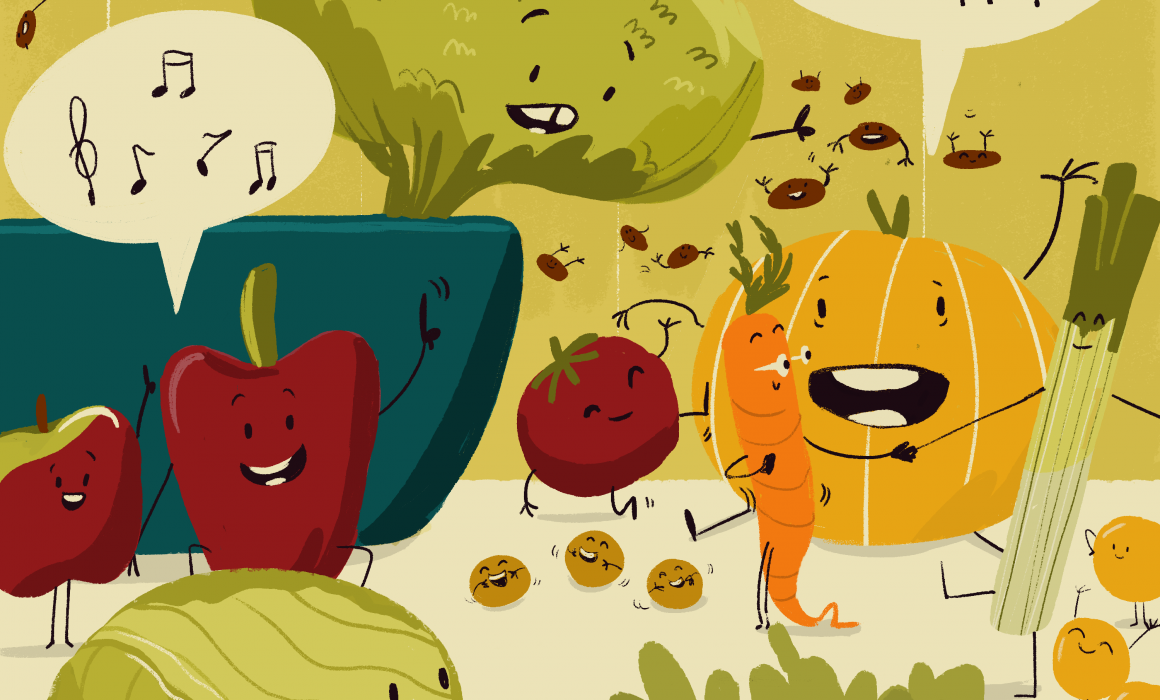 Kinderbuchillustration tanzendes Gemüse